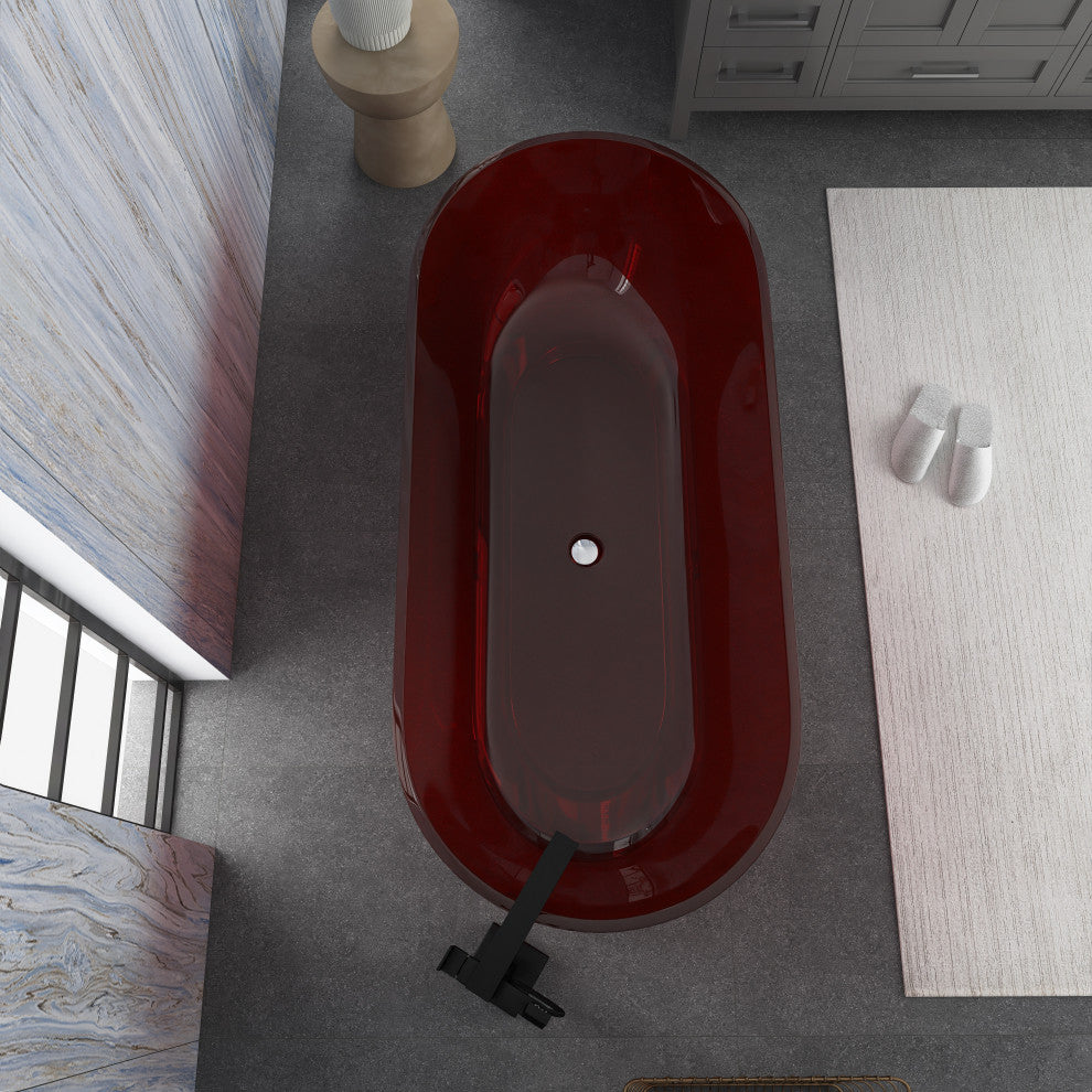 69" Solid Surface Freestanding Flatbottom Soaking Bathtub, Red