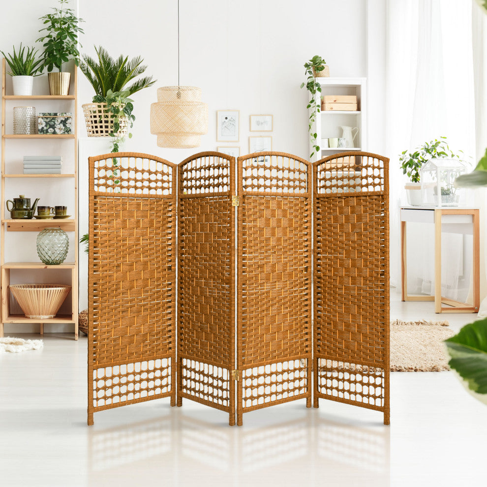 4' Tall Fiber Weave Room Divider, Light Beige, 4 Panels