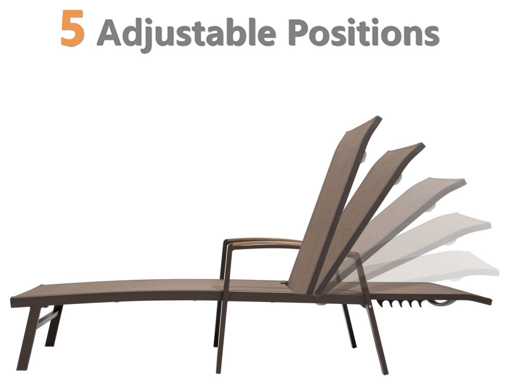 Adjustable Aluminum Outdoor Chaise Lounge Chair with Polywood Arm Lay Flat, Brow