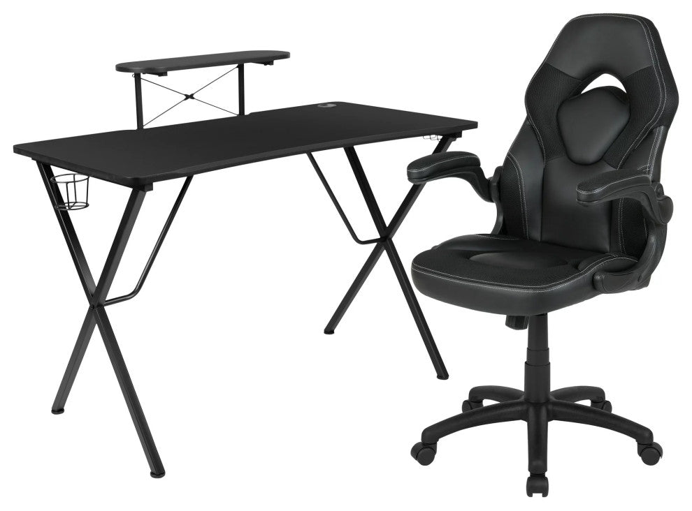 Modern Gaming Desk With Comfortable Chair, Raised Shelf & Cup Holder, Black