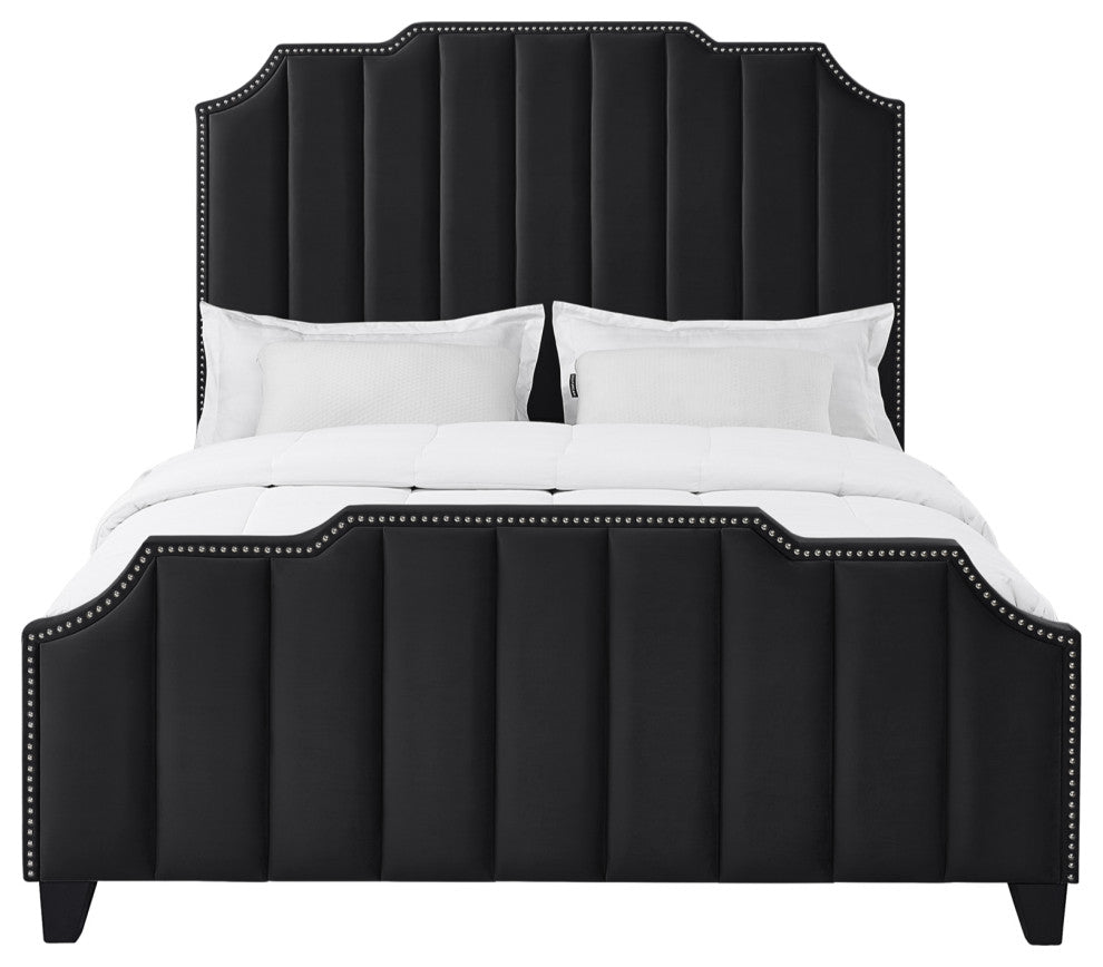 Inspired Home Zaida Bed, Velvet Upholstered, Black, Queen