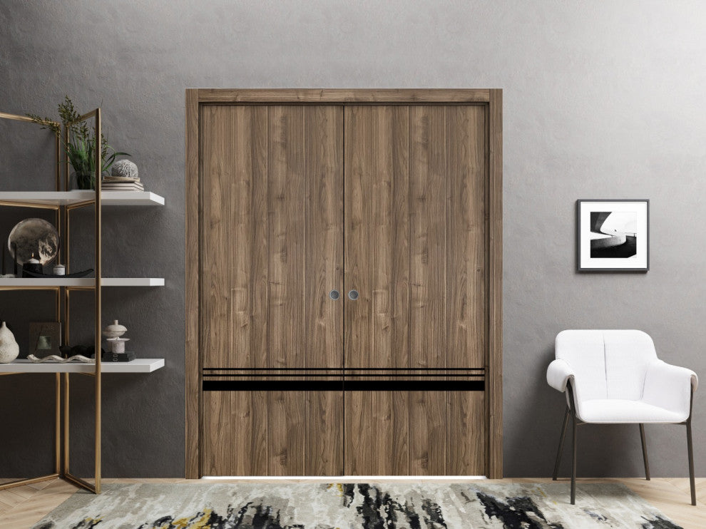 French Double Pocket Doors 48 x 96 | Planum 0012 Walnut with  | Kit Trims Rail