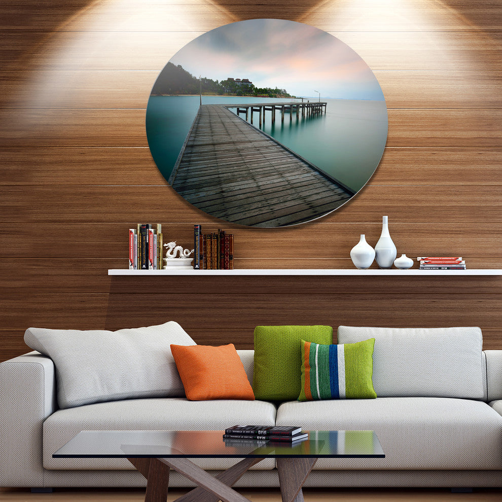 Wooden Bridge Into Blue Sea, Modern Bridge Round Wall Art, 36"