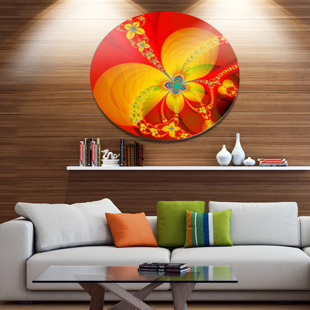 Red Yellow Colorful Fractal Pattern, Floral Disc Metal Artwork, 11"