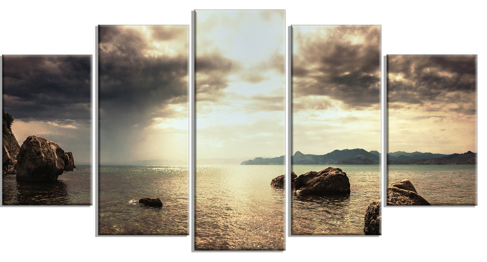 "Rocky Seashore Under Clouds Panorama" Modern Beach Wall Art, 5 Panels, 60"x32"