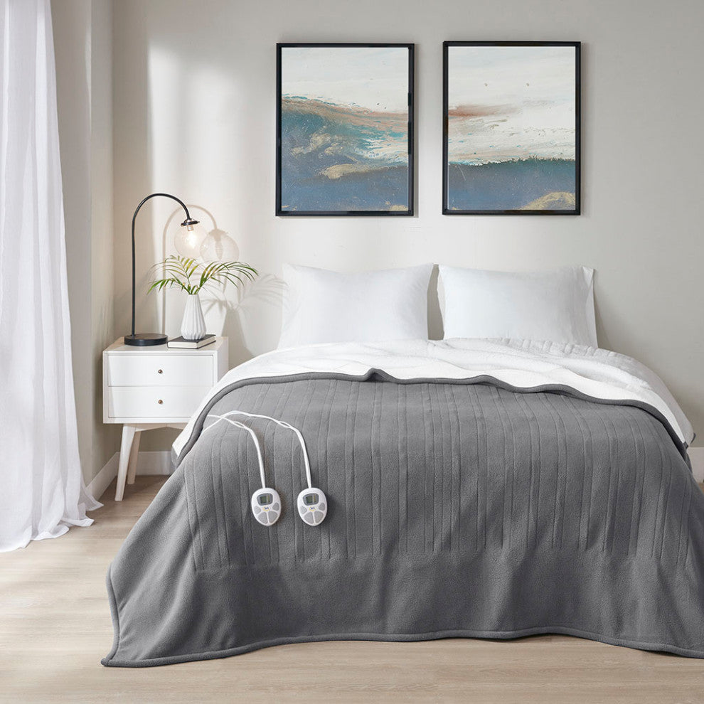 Serta Fleece to Sherpa Heated Fleece and Sherpa Bedding Blanket, Dark Grey