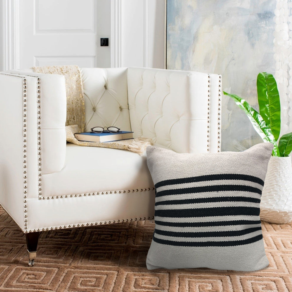 Ox Bay Handwoven White/Black Stripe Organic Cotton Pillow Cover, 22"x22"