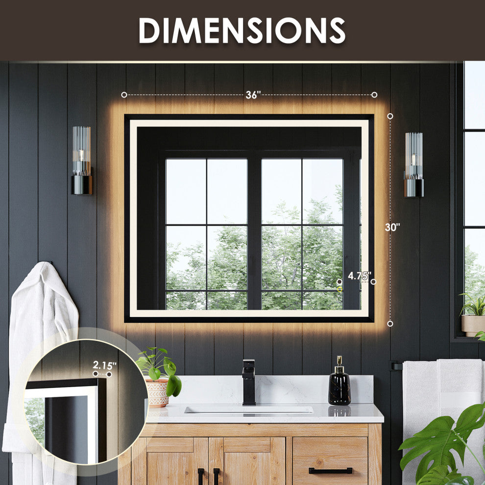 Apollo Anti-Fog Dimmable Vanity, LED Lighted Wall Mirror, Matte Black, 36"
