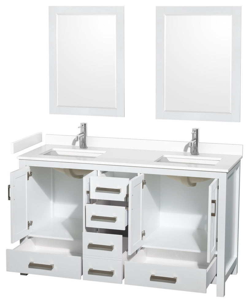 60"DBL Bathroom Vanity White, White Cult. Marble Countertop, Sinks, 24" Mirrors
