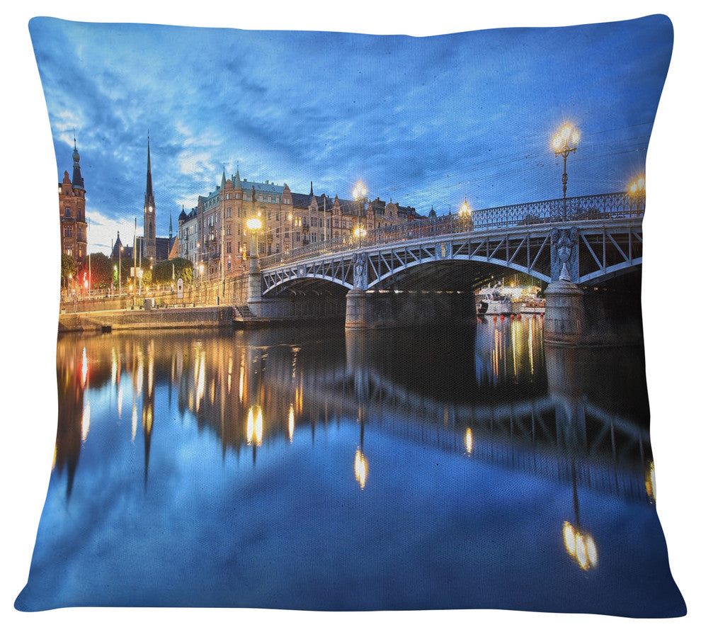Illuminated Blue Stockholm Cityscape Throw Pillow, 18"x18"