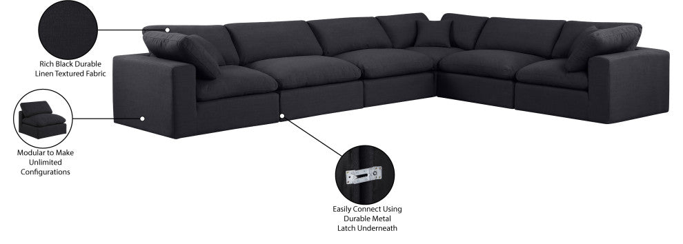 Comfy Upholstered L-Shaped Modular Sectional, Black, 6-Piece: 3 Armless Chair, 3 Corner Chair, Linen Textured Fabric