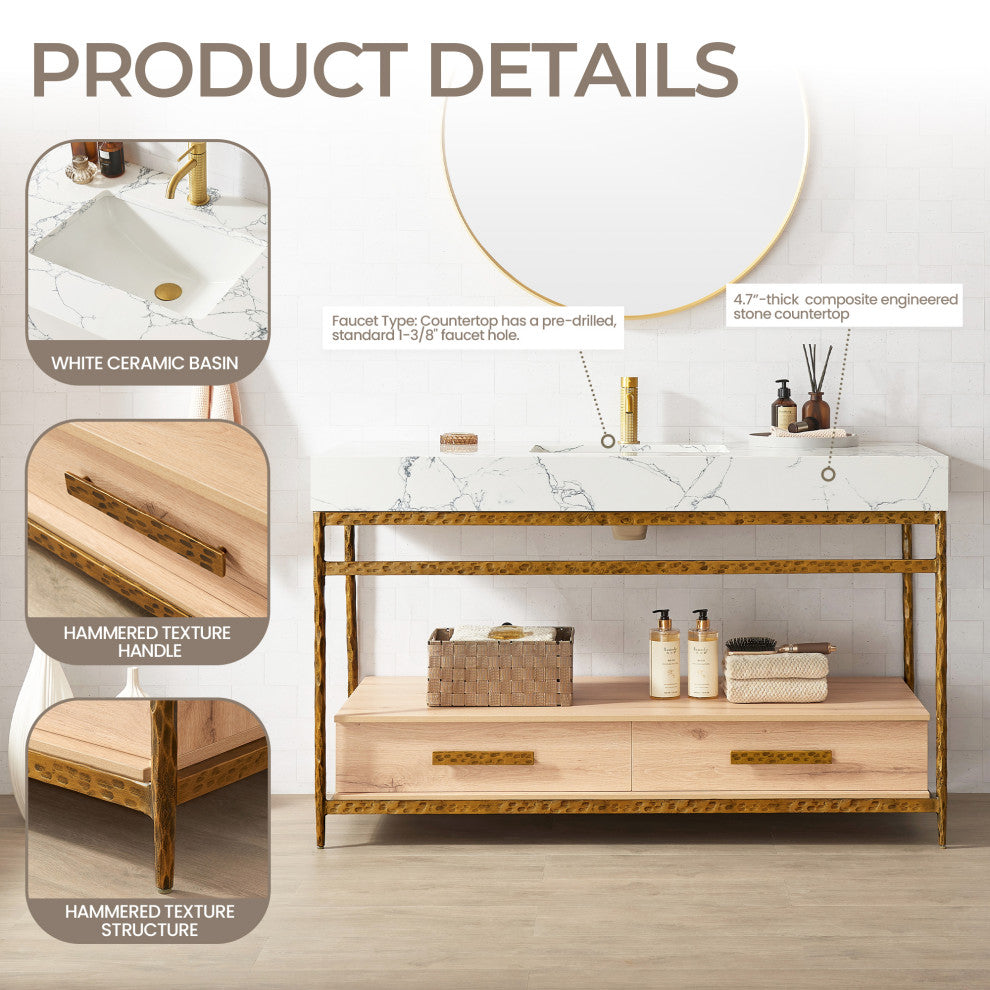 Dhaka Bath Vanity, Stone Top, No Mirror, Yellow Bronze Base, 55", Single Vanity