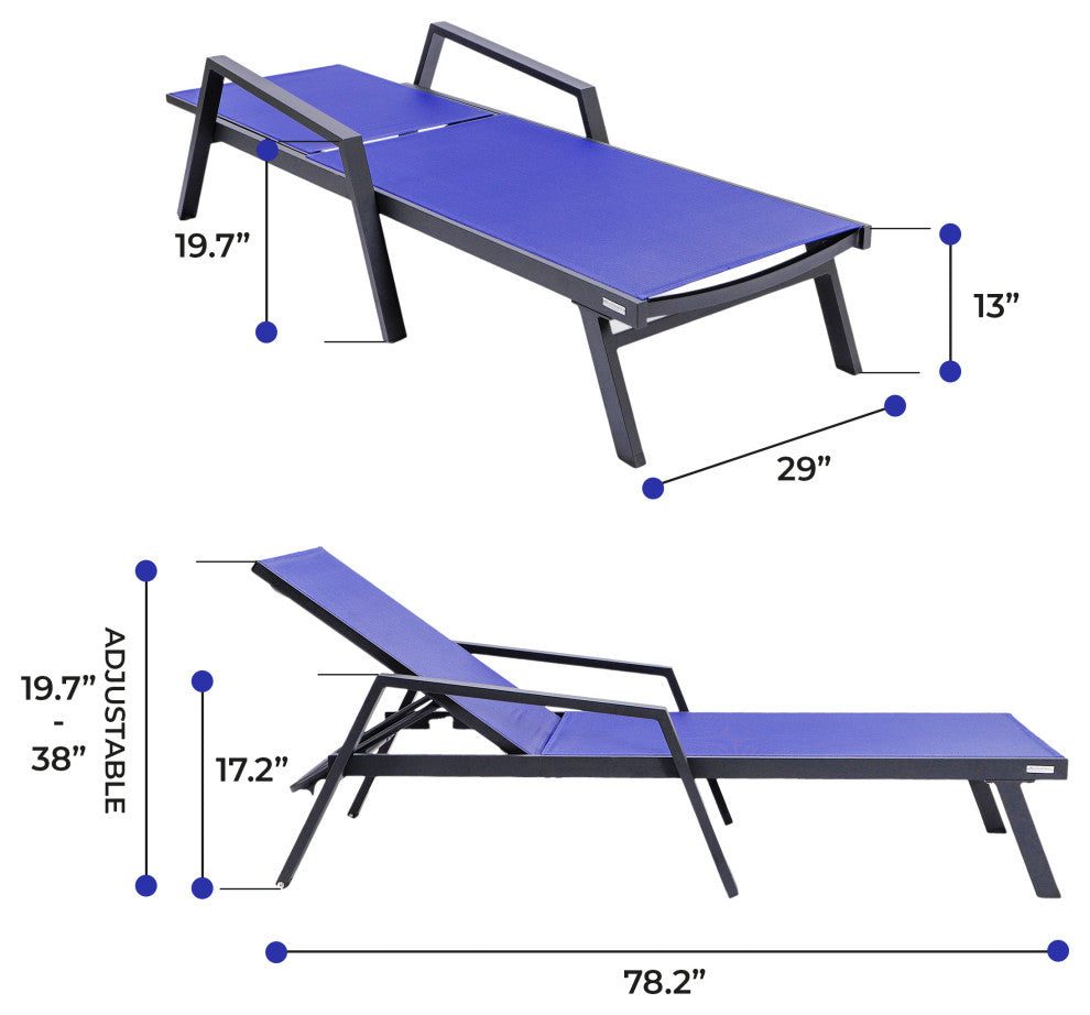 LeisureMod Marlin Outdoor Patio Stackable Chaise Lounge Chair with Arms Set of 2, Navy Blue