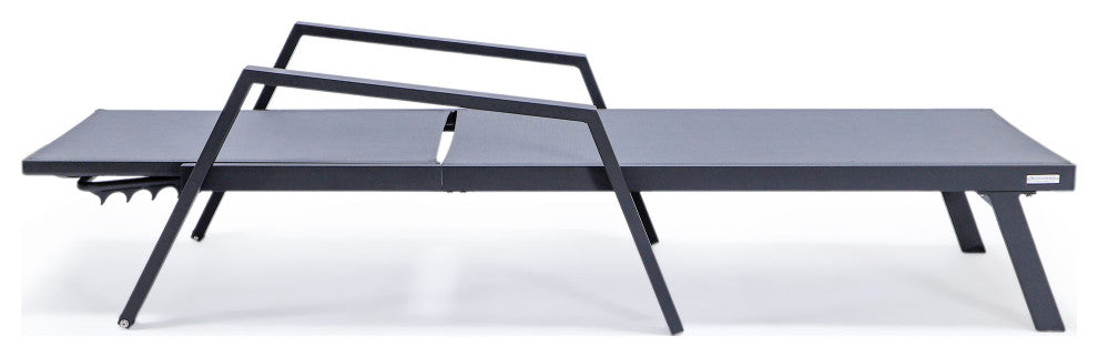 LeisureMod Marlin Chaise Lounge Chair With Arms and Fire Pit Table, Dark Gray