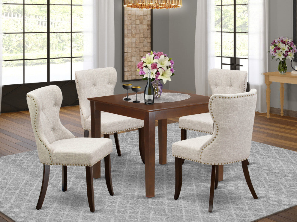 A Kitchen Set Of 4 Indoor Chairs, Doeskin Color, Square Table, Mahogany Finish