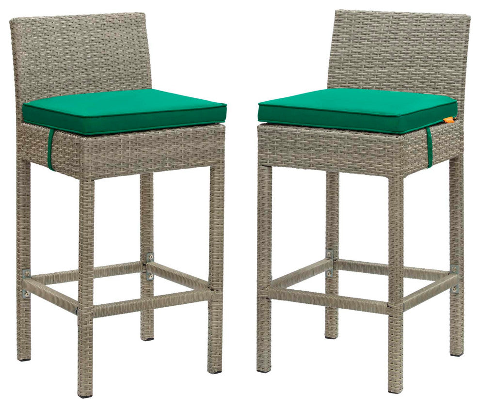 Light Gray Green Conduit Bar Stool Outdoor Patio Wicker Rattan Set of 2
