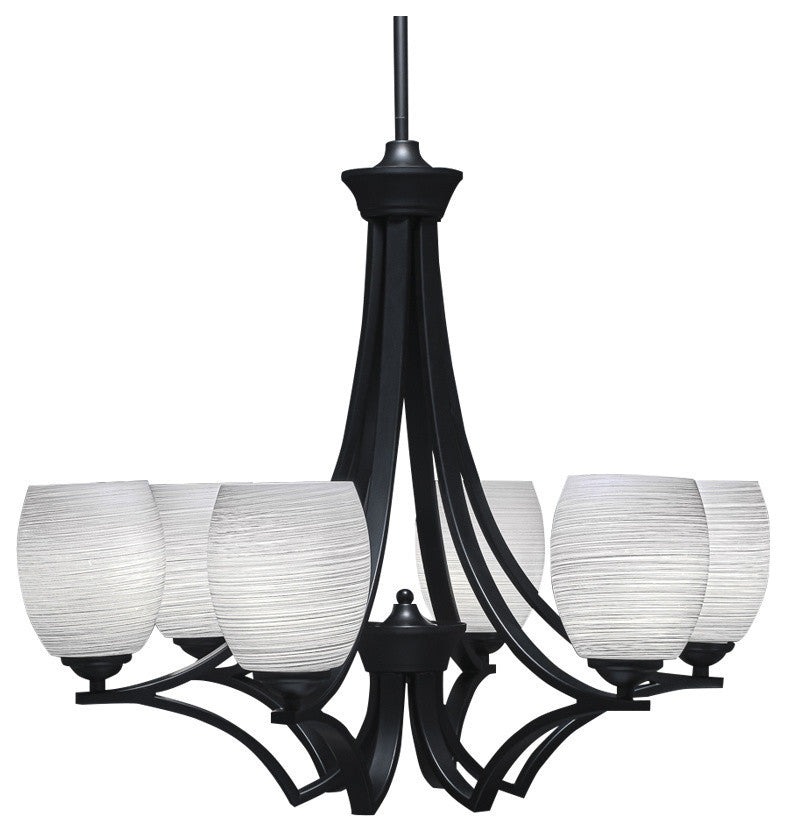 Zilo 6 Light Chandelier, Matte Black, 5" White Linen Glass