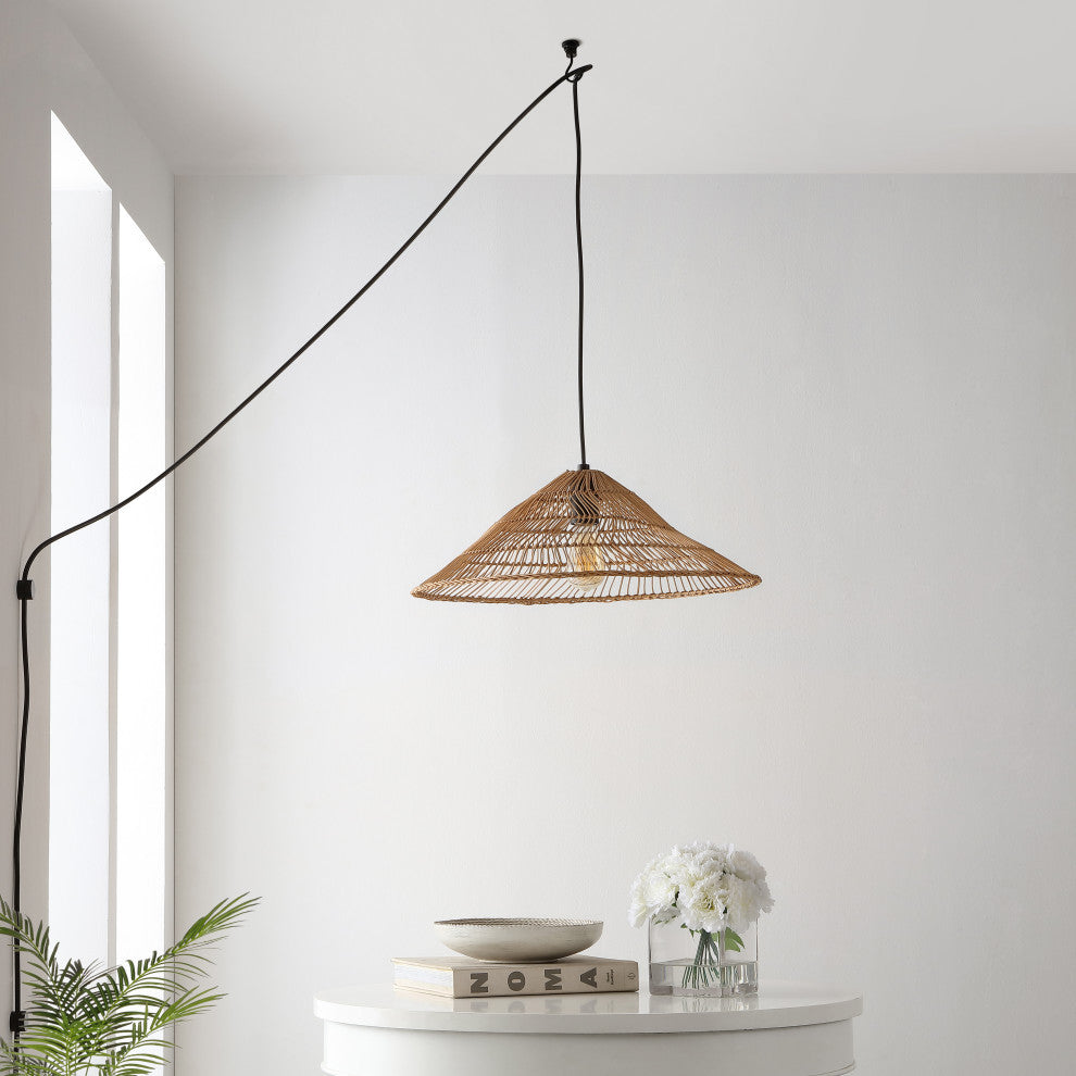 Nova 20.25" 1-Light Rattan 180" Plug-In or Hardwired LED Pendant, Brown, Nova