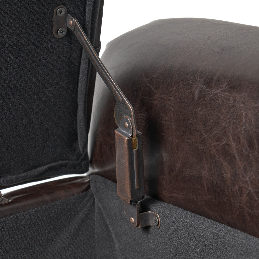 GDF Studio Arthur Armed Storage Ottoman Bench, Tufted Seat, Brown Leather