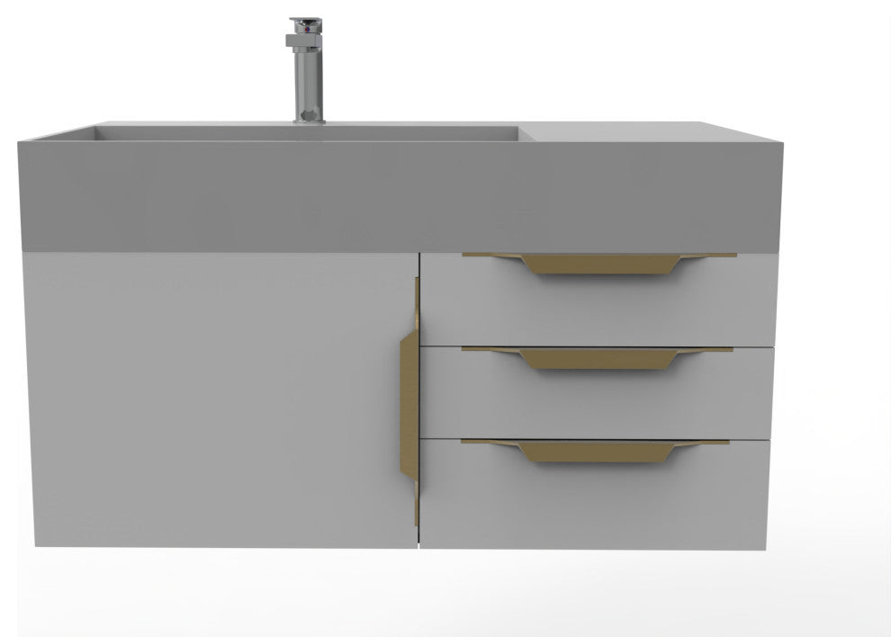 CastelloUSA Amazon 36" Wall Mount Vanity Set, Gray, Gray Top, Gold Handles