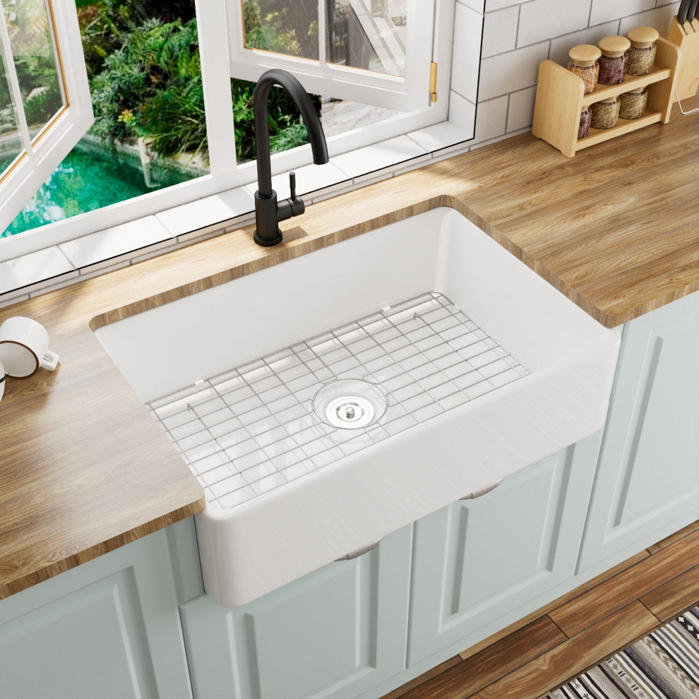 33'' Farm Kitchen Sink Ceramic Rectangular Single Bowl With Grid and Strainer