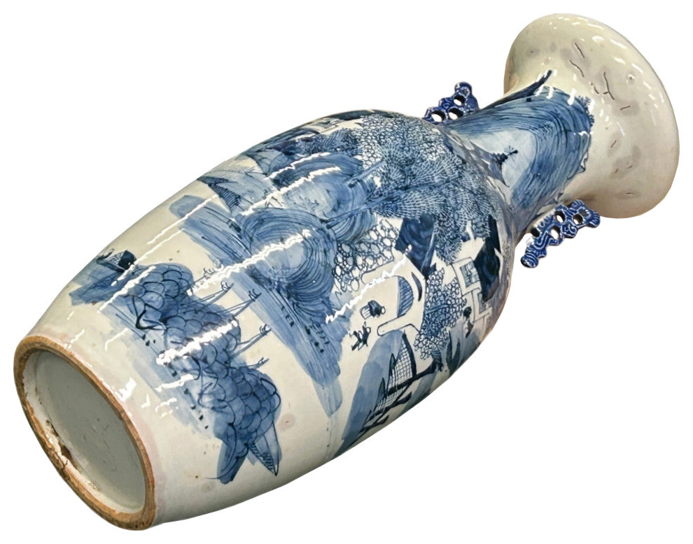 23.5" Vintage Blue White Scenery Porcelain Ru Yi Ear Art Vase Hws4430