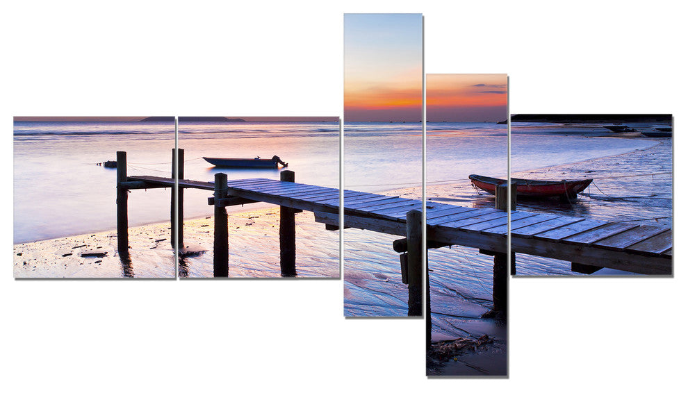 Old Wooden Pier at Sunset, Seascape Canvas Art Print, 60"x32", 5 panels