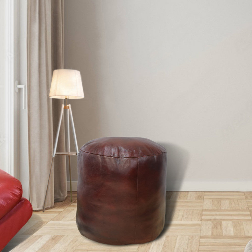 Pouf-Solid Handmade Leather Pouf (Recycled Foam with Fiber Fill), Cherry, [Round} 18x18x18