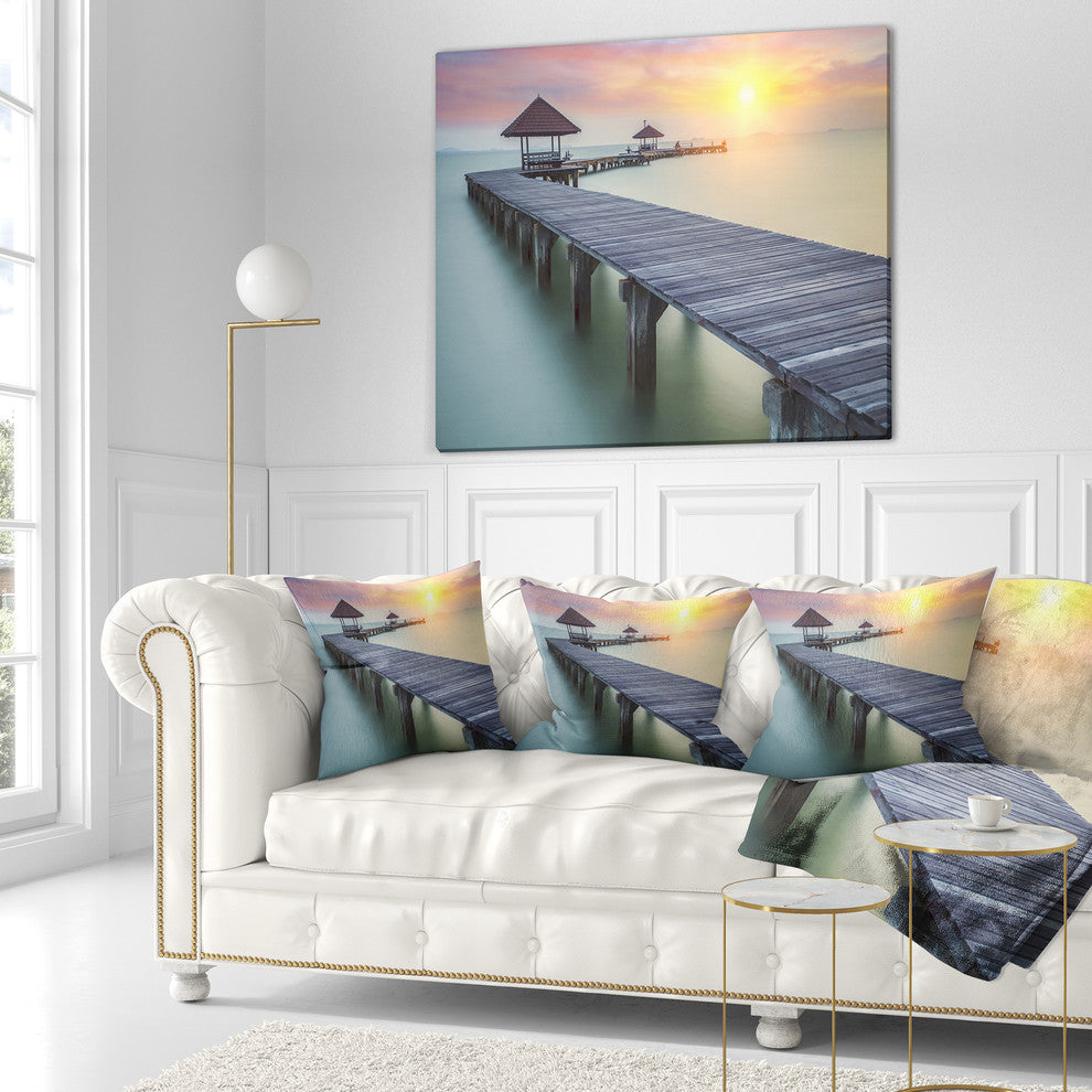 Wooden Sea Bridge and Sunset Seashore Photo Throw Pillow, 18"x18"