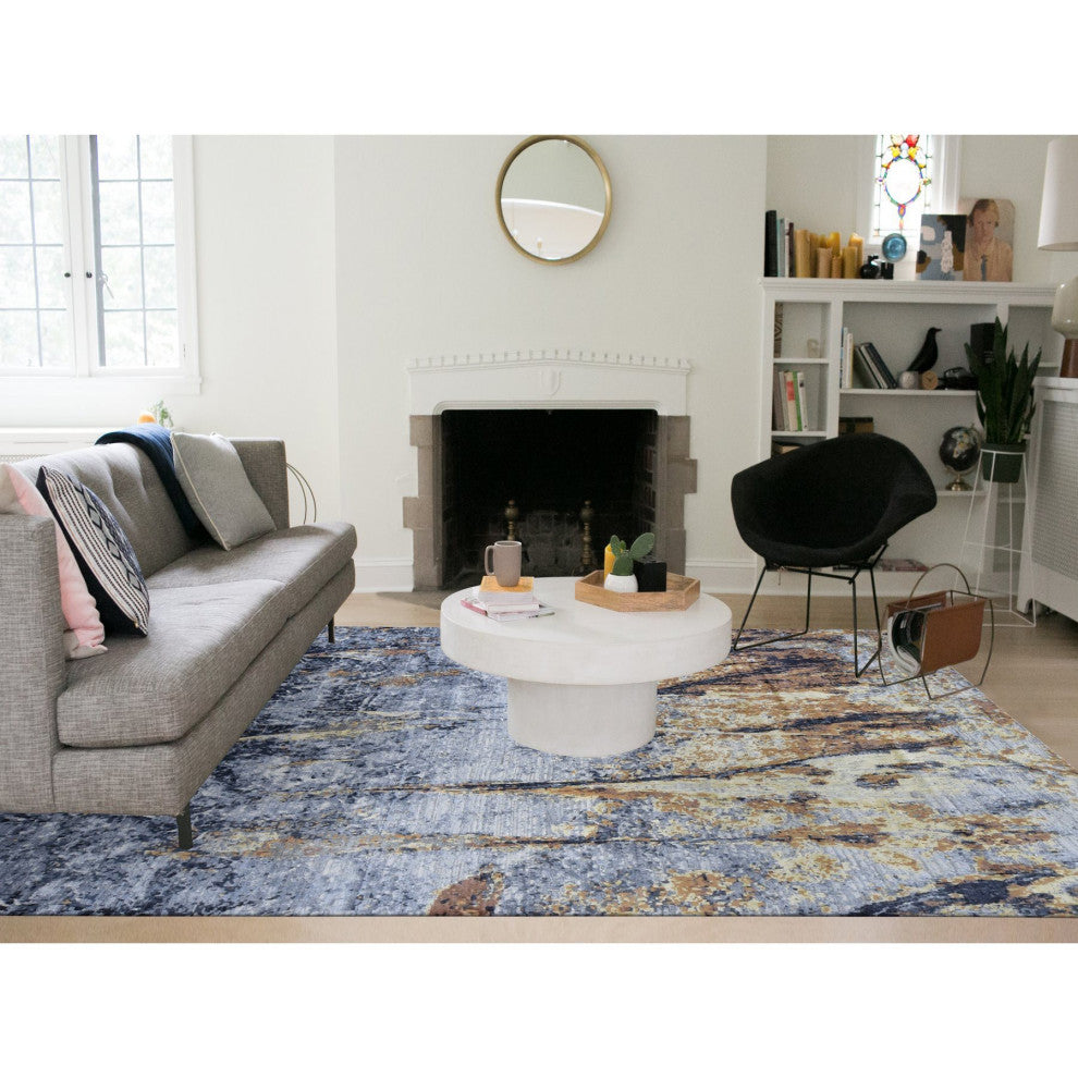 Sea Blue With Brown Fossil Design Wool and Silk Hand Knotted Rug, 10'x14'