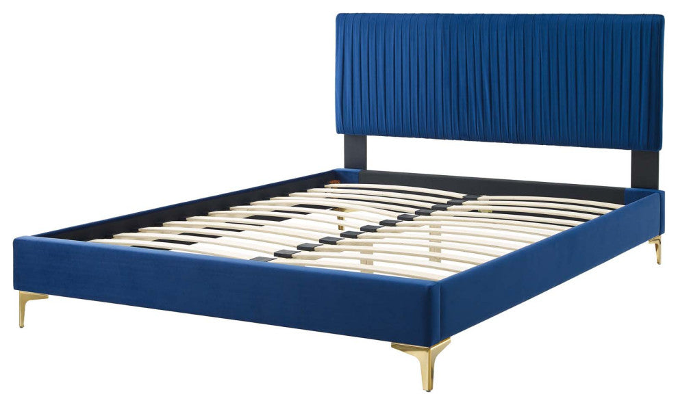Platform Bed Frame, King Size, Velvet, Blue Navy, Modern Contemporary, Bedroom