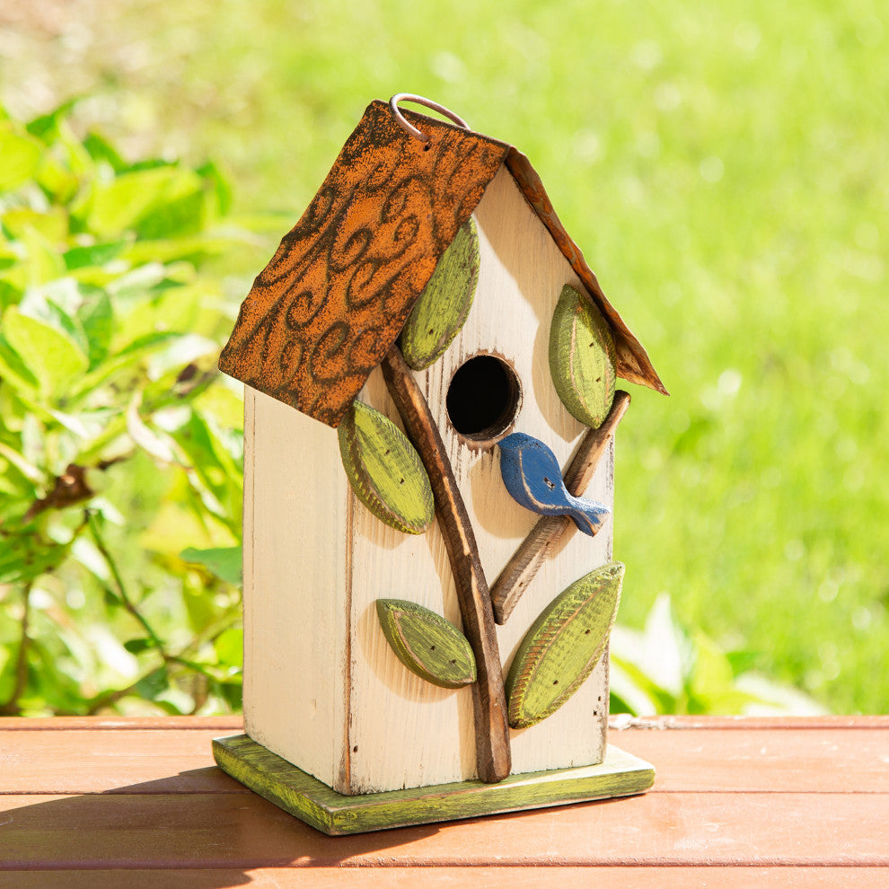 9.75"H Washed White Distressed Solid Wood Birdhouse With 3D Tree and Bird