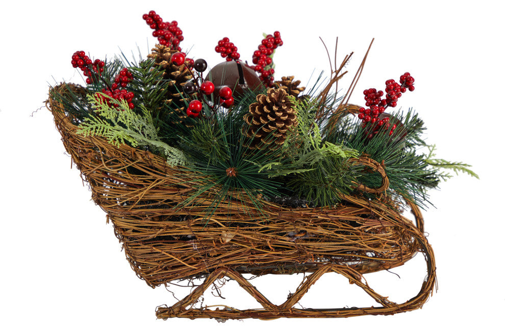 18" Christmas Sleigh With Pinecones & Berries Artificial Christmas Arrangement