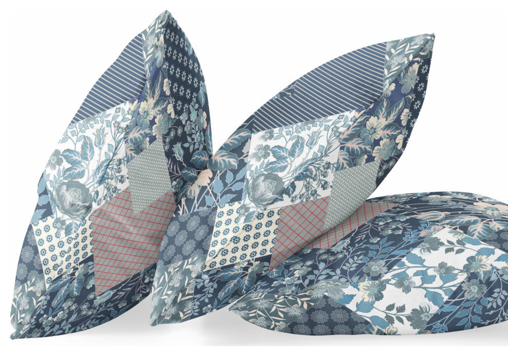 18" Blue White Boho Floral Indoor Outdoor Throw Pillow