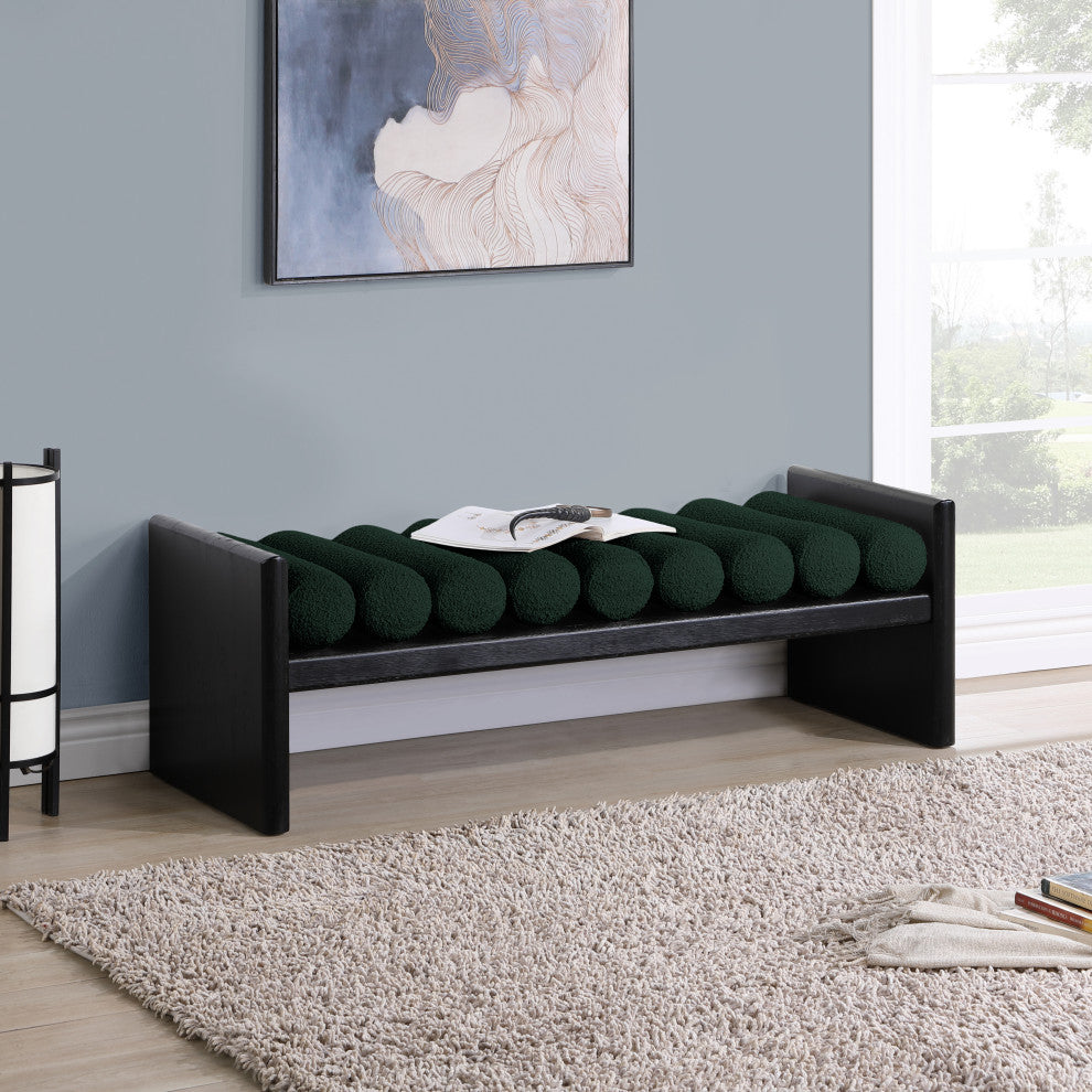 Waverly Boucle Fabric Upholstered Bench, Green, 52" Wide, Black Finish
