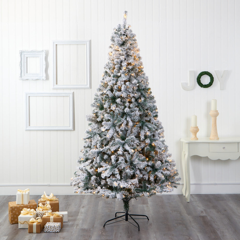 8' Flocked Rock Springs Spruce Faux Xmas Tree W/Lights & Bendable Branches