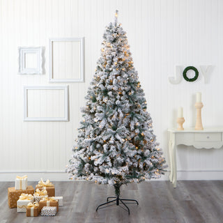 8' Flocked Rock Springs Spruce Faux Xmas Tree W/Lights & Bendable Branches