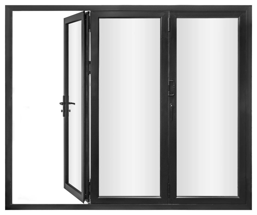 Aluminum folding patio doors 108"x96", black color. low e glass R-L30