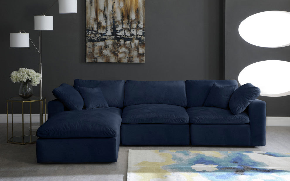 Cozy Velvet Upholstered Comfort L-Shaped Modular Sectional, Navy, 4-Piece: 1 Armless Chair, 2 Corner Chair, 1 Ottoman