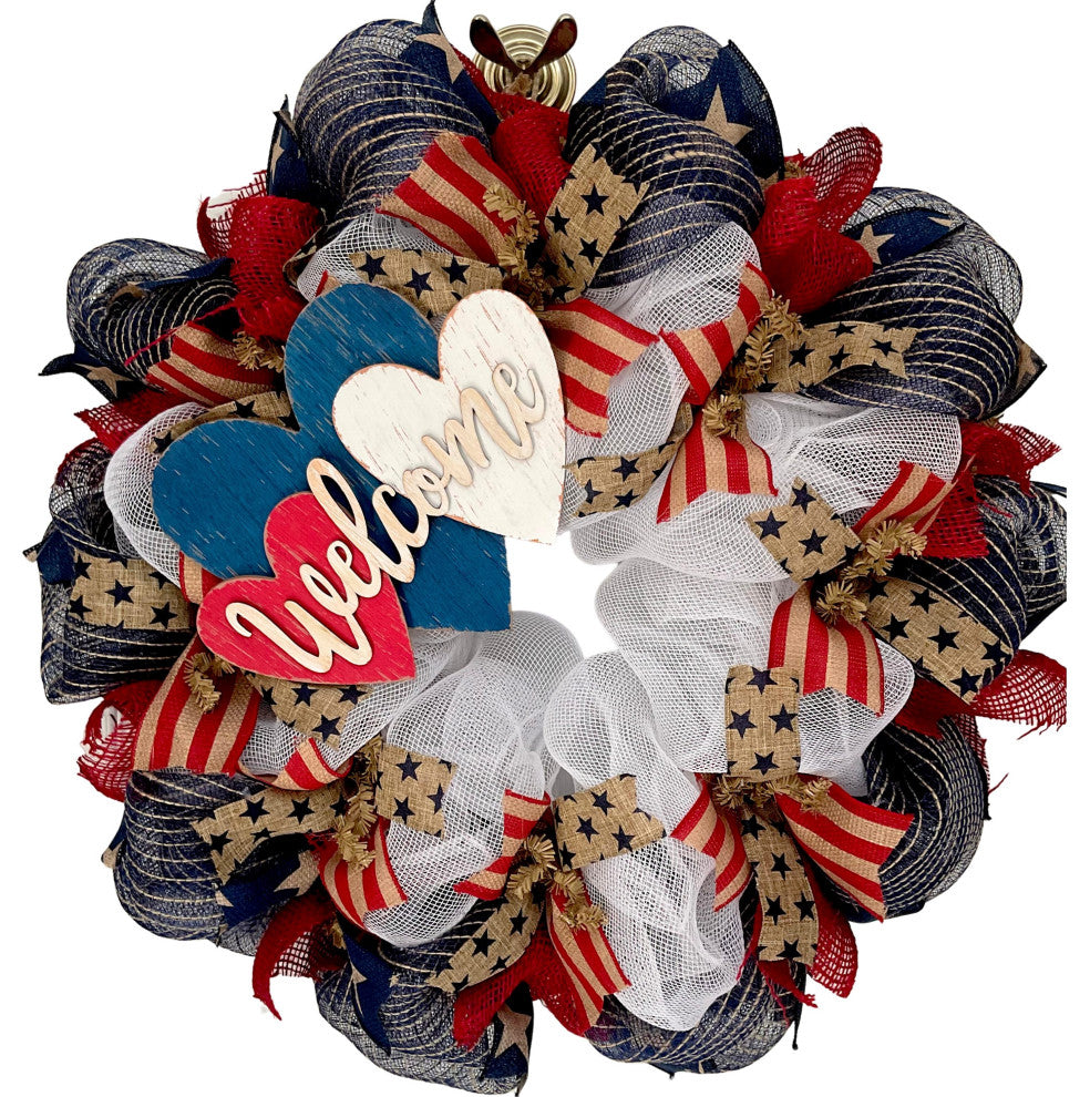 Three Patriotic Hearts Welcome Wreath Handmade Deco Mesh 24 inch or 28 inch, 24 Inch Diameter