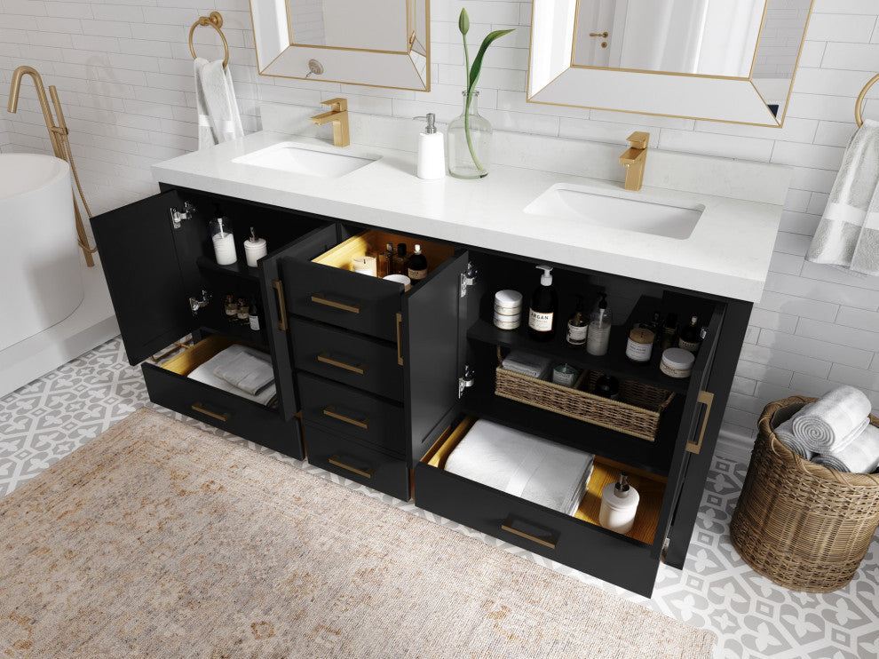 Malibu 72 Double Sink Bath Vanity in Black 1.5" White Quartz
