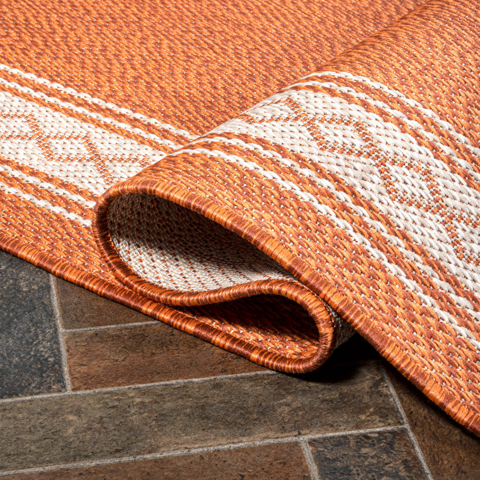 Lucia Classic Diamond Border Indoor/Outdoor Area Rug, Orange/Cream, 8x10