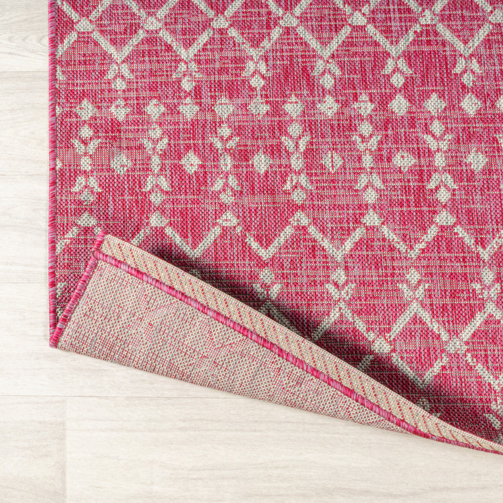 Ourika Moroccan Geometric Indoor/Outdoor Rug, Fuchsia/Light Gray, 5' Square