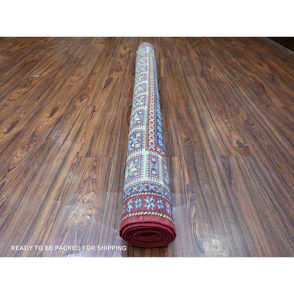 Scarlet Red Shirvan Weave Afghan Super Kazak Wool Hand Knotted Rug, 5'8"x8'1"