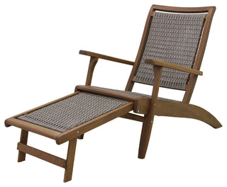 Gray Wicker and Eucalyptus Lounger With Built-In Ottoman