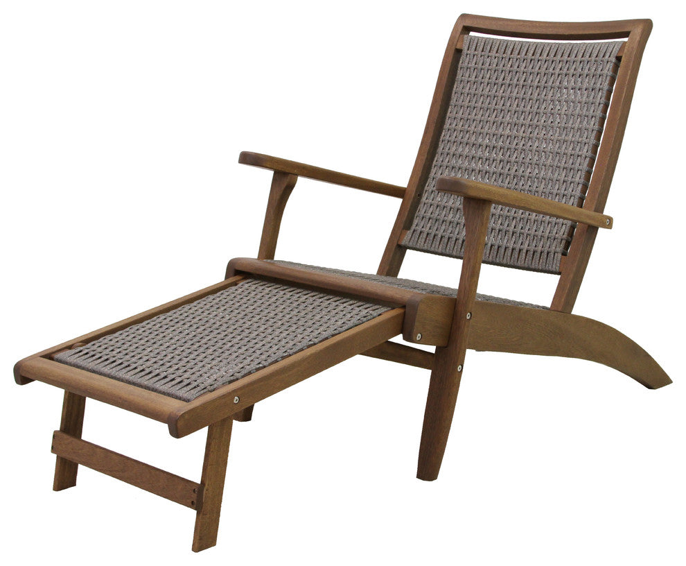 Gray Wicker and Eucalyptus Lounger With Built-In Ottoman