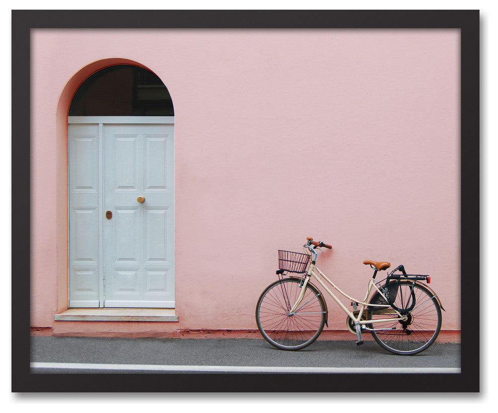 Bike Leaning Against Blush Wall 16x20 Black Framed Canvas