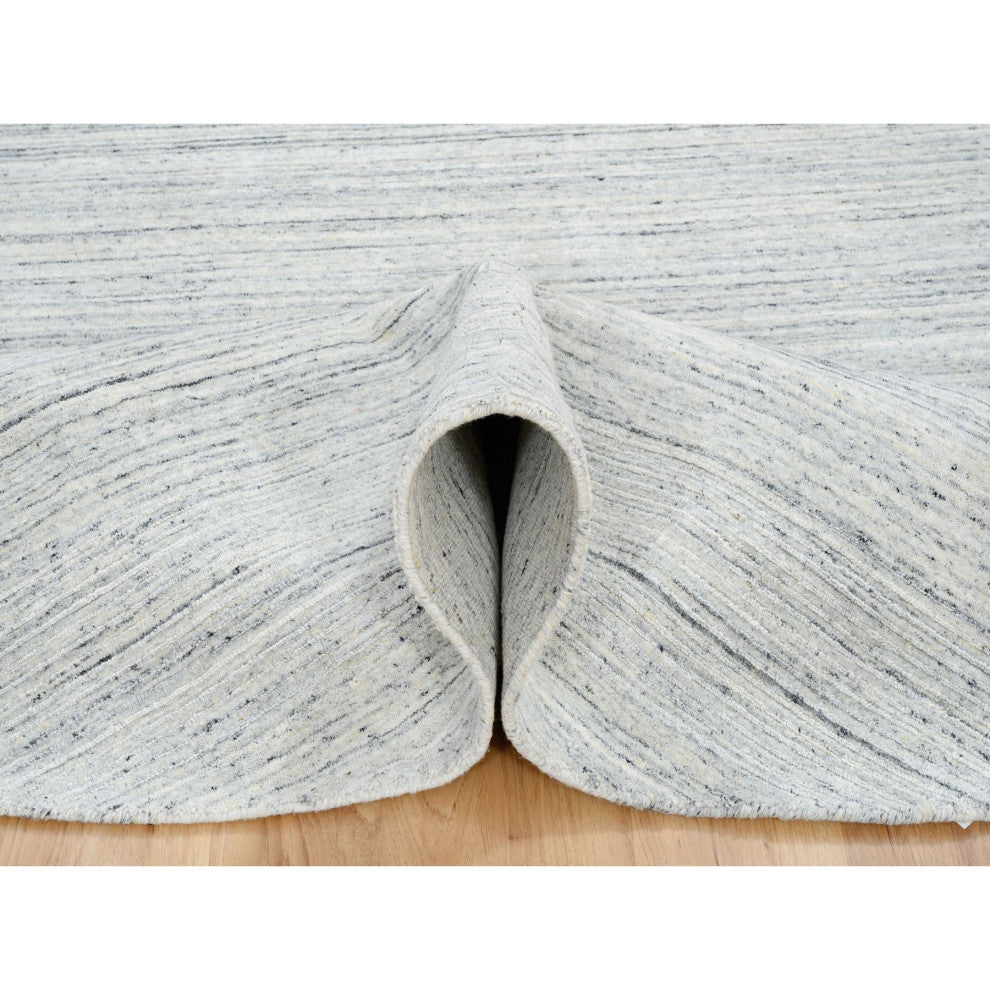 Ivory Pure Wool Hand Loomed Plain Modern Striped Design Round Rug, 7'10"x7'10"