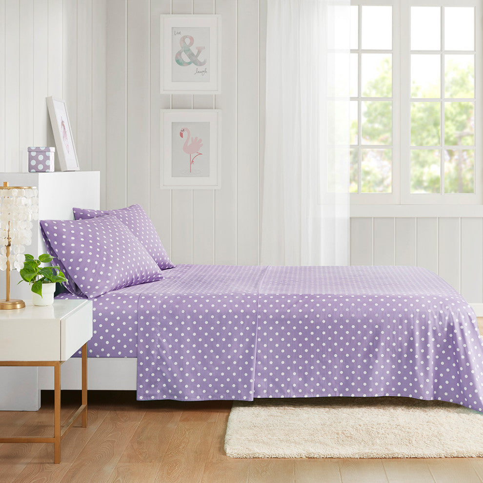 Mi Zone Polka Dot Printed 100% Cotton Sheet Set, Purple