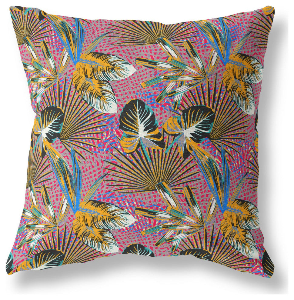 28" Magenta Gold Tropical Indoor Outdoor Throw Pillow